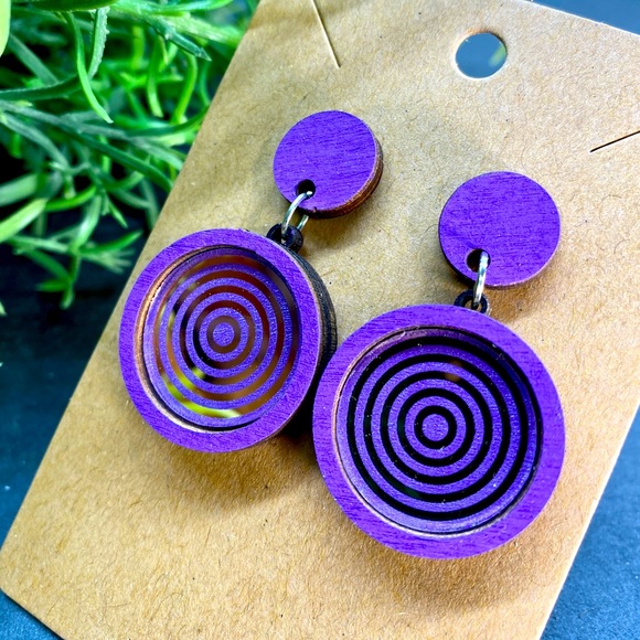 Hand Painted Rose Gold Mirror & Wood Drop Stud Earrings - Picture 1 of 1